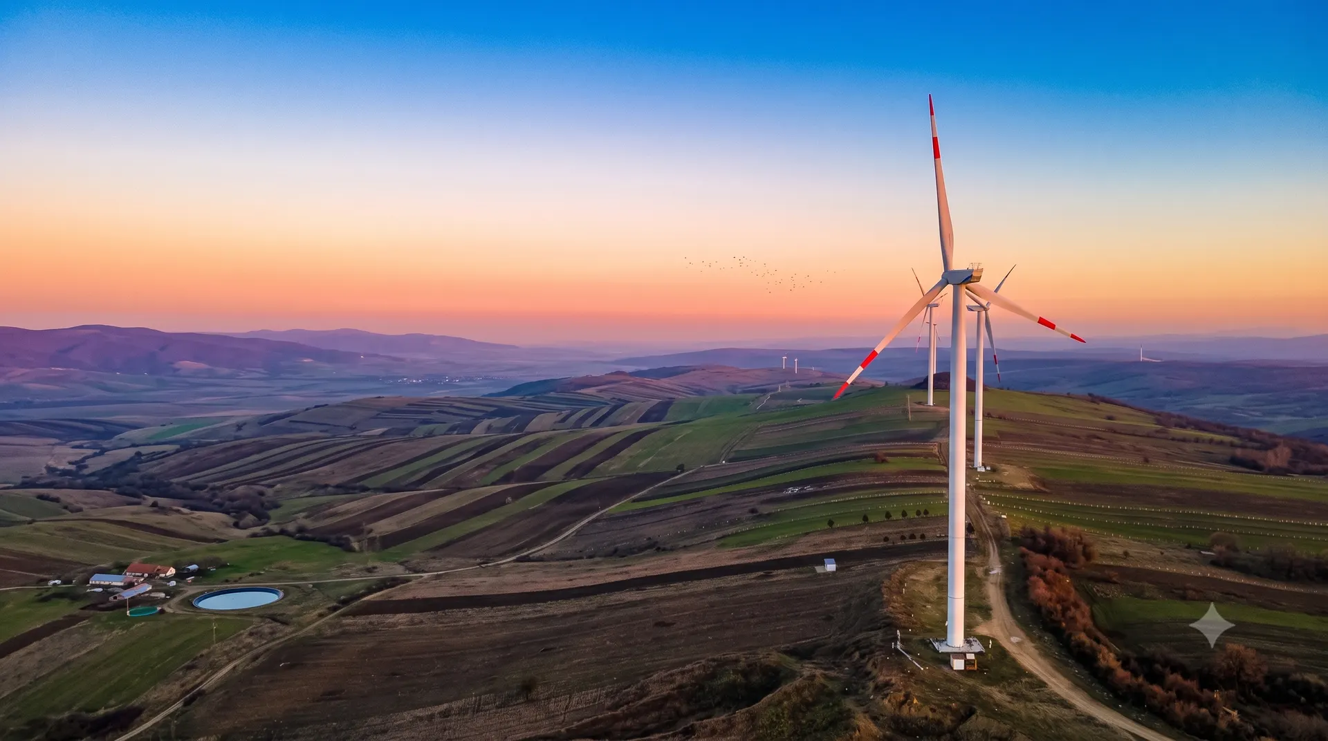Wind turbines above a large solar array at sunset